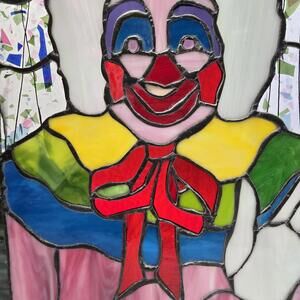 Vintage Stained Glass Clown Panel Colorful Window Art Hanging 21x17 Handmade Dec